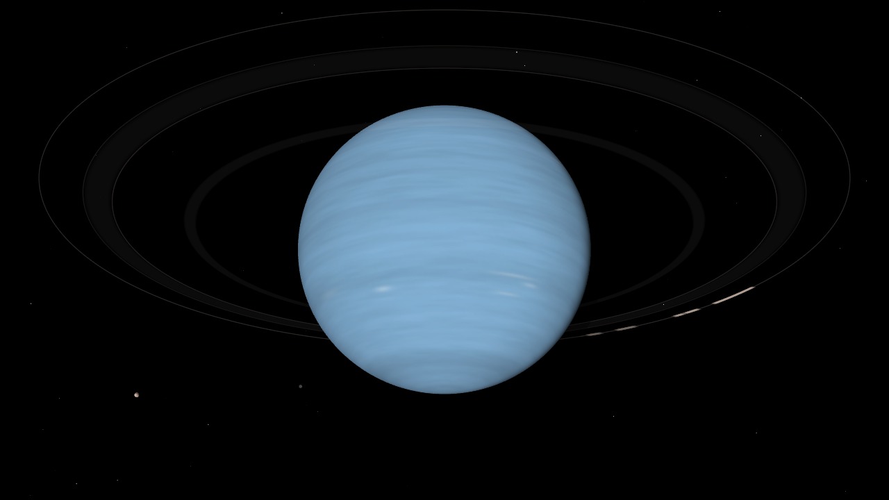 Neptune with its rings and Triton, lit from the side
