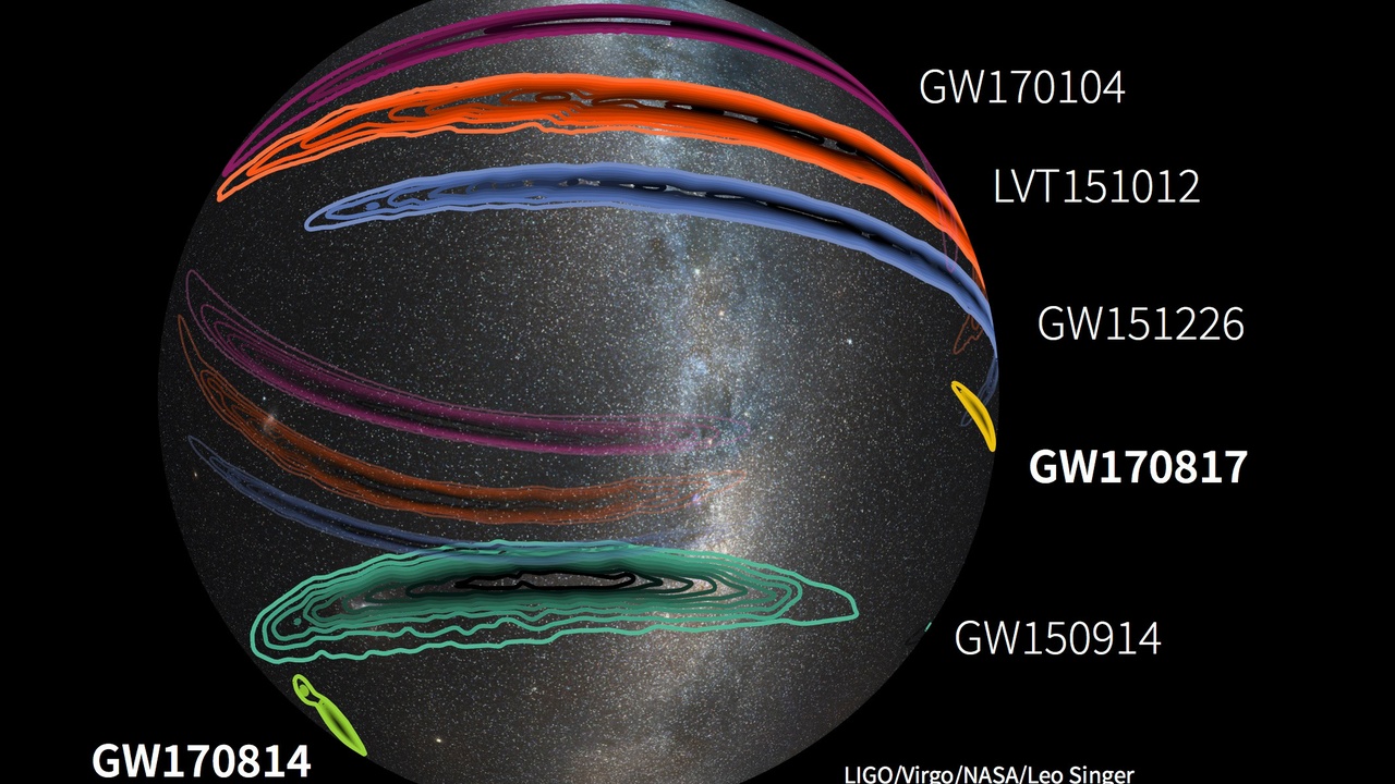Gravitational waves rippling through spacetime and a relativistic jet from a black hole.