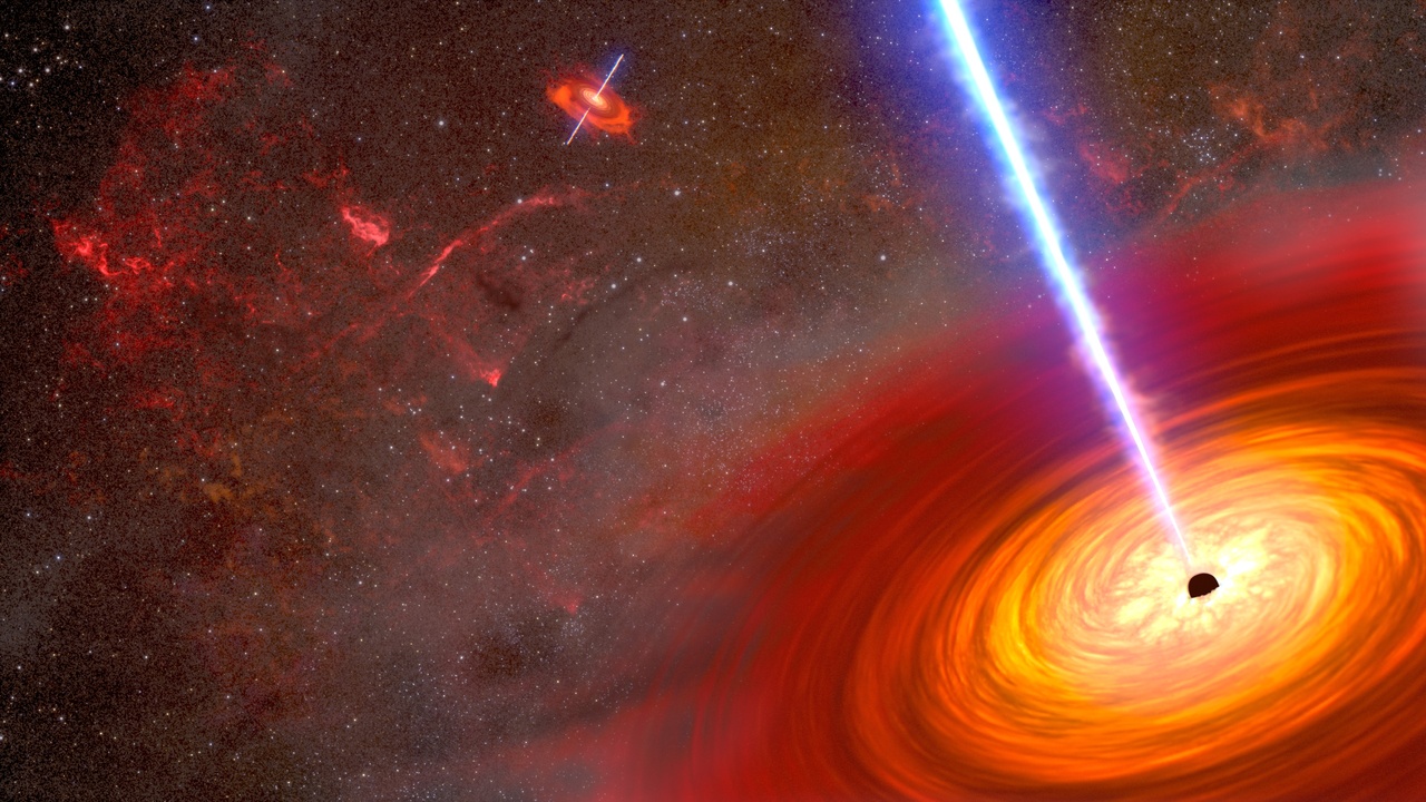 Illustration of a quasar with a bright accretion disk around a supermassive black hole