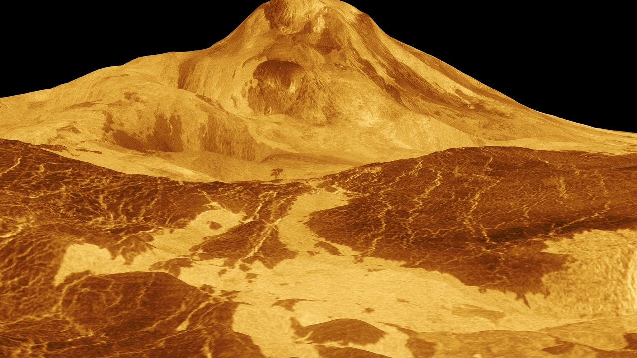 Radar mosaic of Venus showing volcanic constructs and flow features