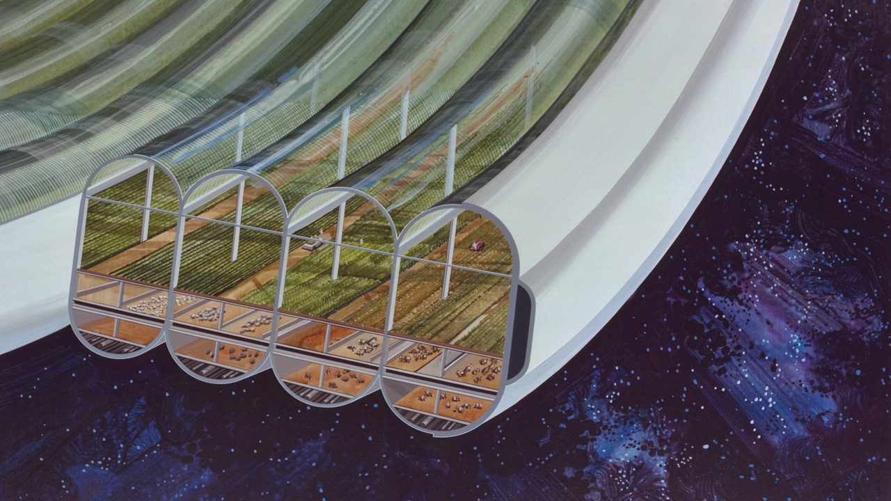 Interior concept of a long-duration space habitat with hydroponics and crew quarters