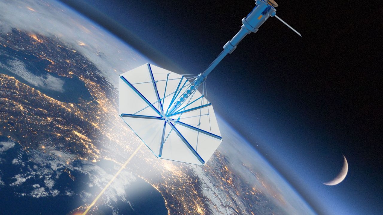 Concept artwork of interstellar propulsion systems: lightsail, fusion drive, and antimatter schematic