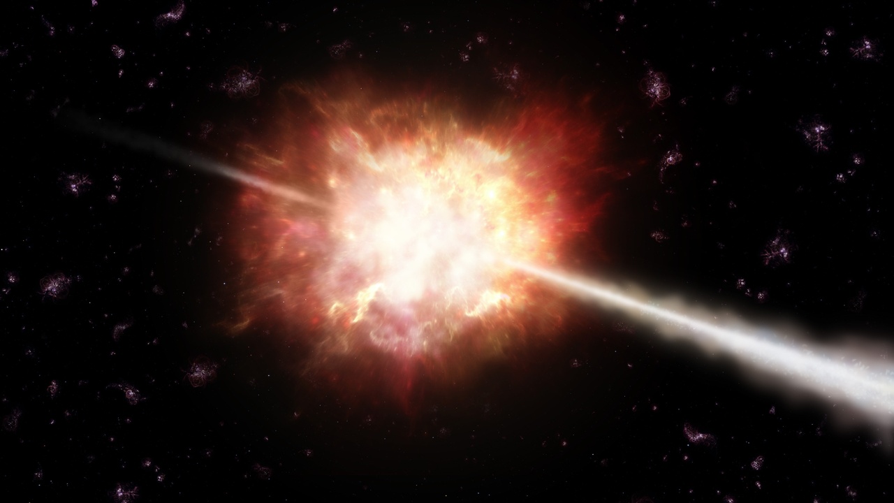 Gamma-ray burst, magnetar flare illustration, and a starburst galaxy