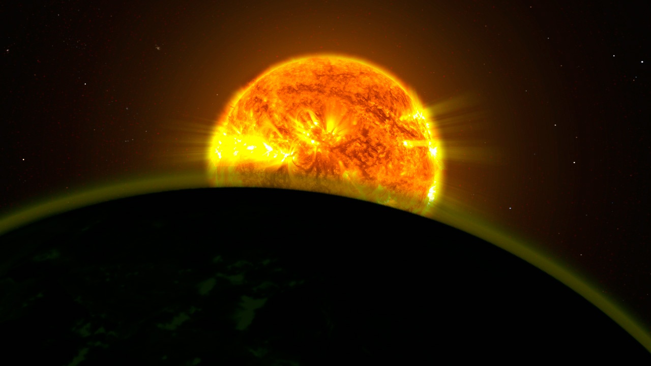 Illustration of a hot Jupiter with a cloudy, colorful atmosphere