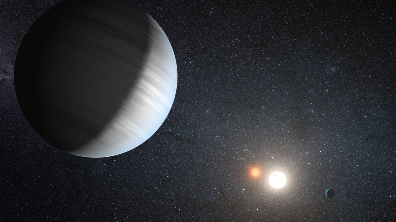 Illustration showing planets around a binary star system and a pulsar