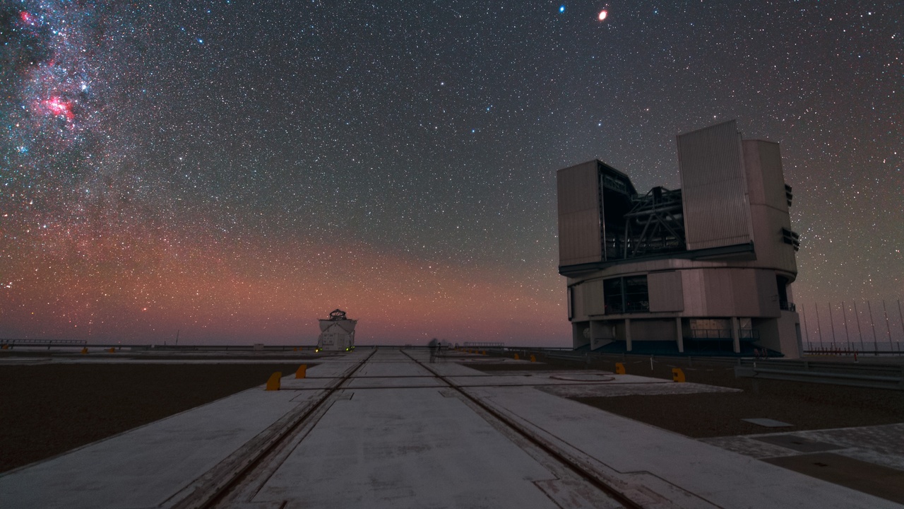 Telescope observatory at night with astronomers studying exoplanets and a starry research sky