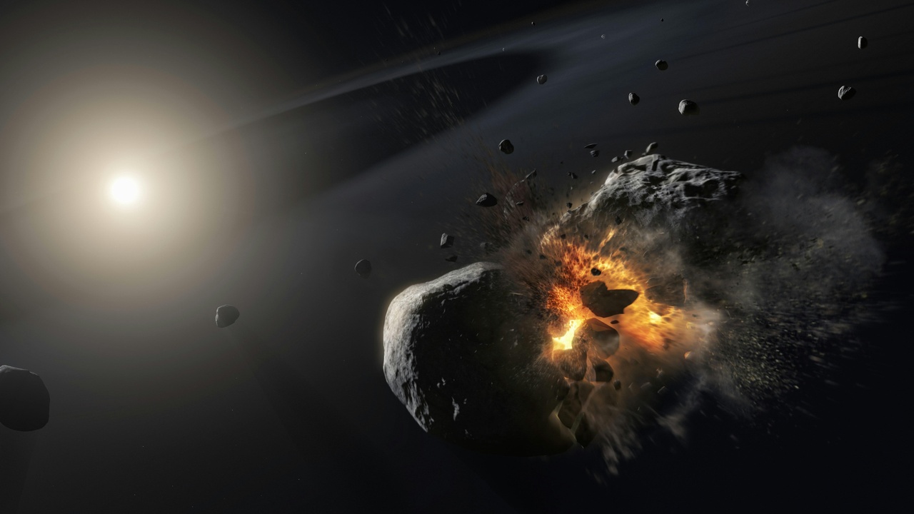 Fast spinning asteroid and space debris illustration