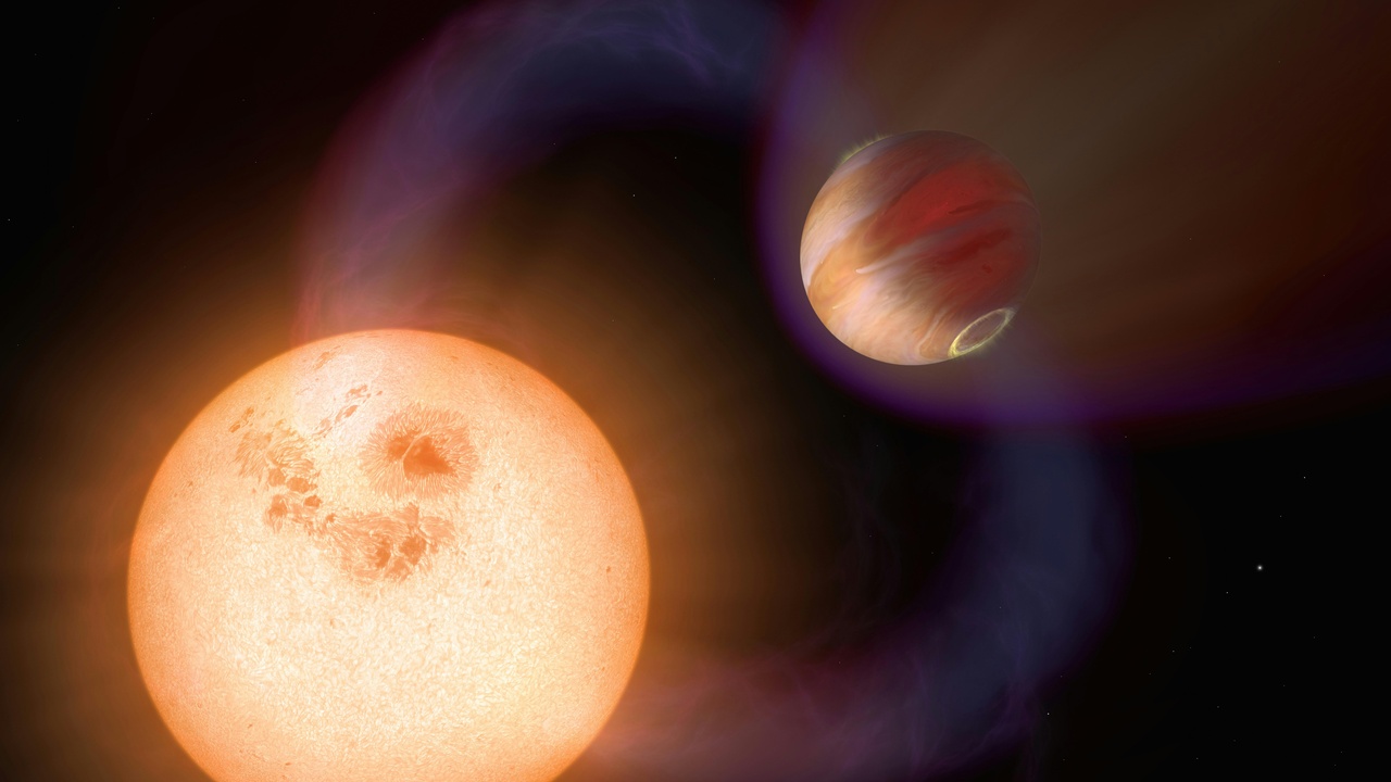 Depiction of an ultra-hot exoplanet with a glowing dayside and a comet-like tail