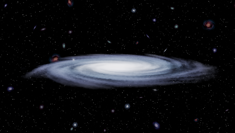 Illustration of a spiral galaxy surrounded by stars and galaxies in deep space, showcasing cosmic beauty.