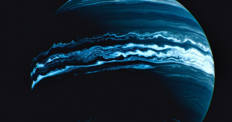 Digital artwork of a blue exoplanet with swirling cloud formations.