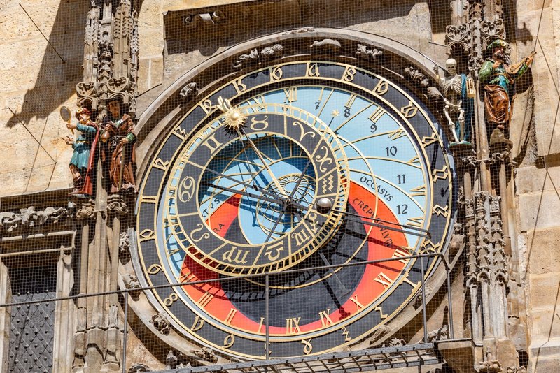 Detailed close-up of the iconic Prague Astronomical Clock, highlighting its intricate design.