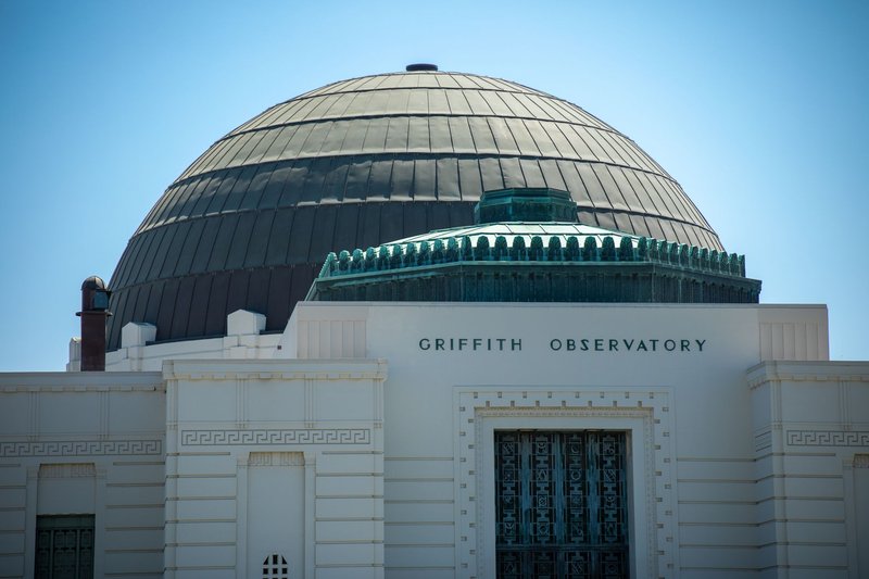 Close-up view of the Griffith Observatory's iconic dome in Los Angeles, California.