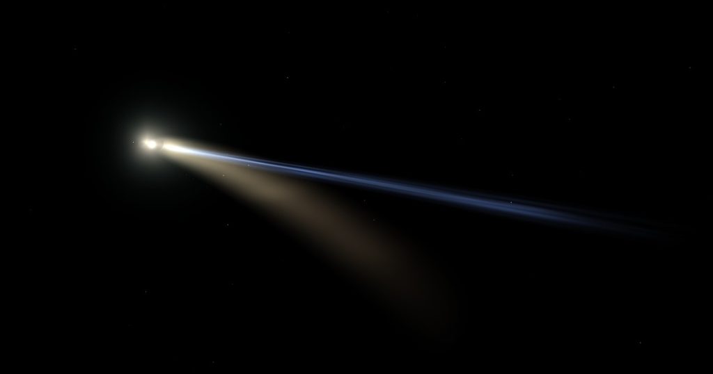 A 3D model of Halley Comet with its glowing coma and two tails