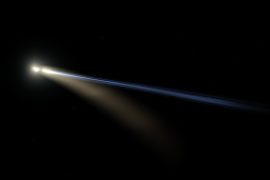 A 3D model of Halley Comet with its glowing coma and two tails