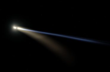 A 3D model of Halley Comet with its glowing coma and two tails