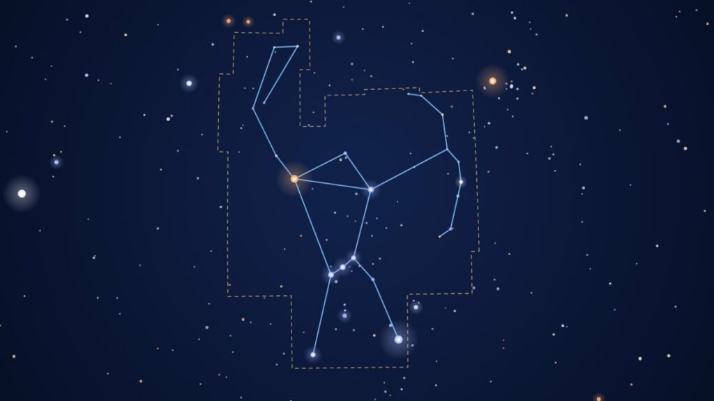Star chart of the Orion constellation with its stick figure and IAU boundary drawn