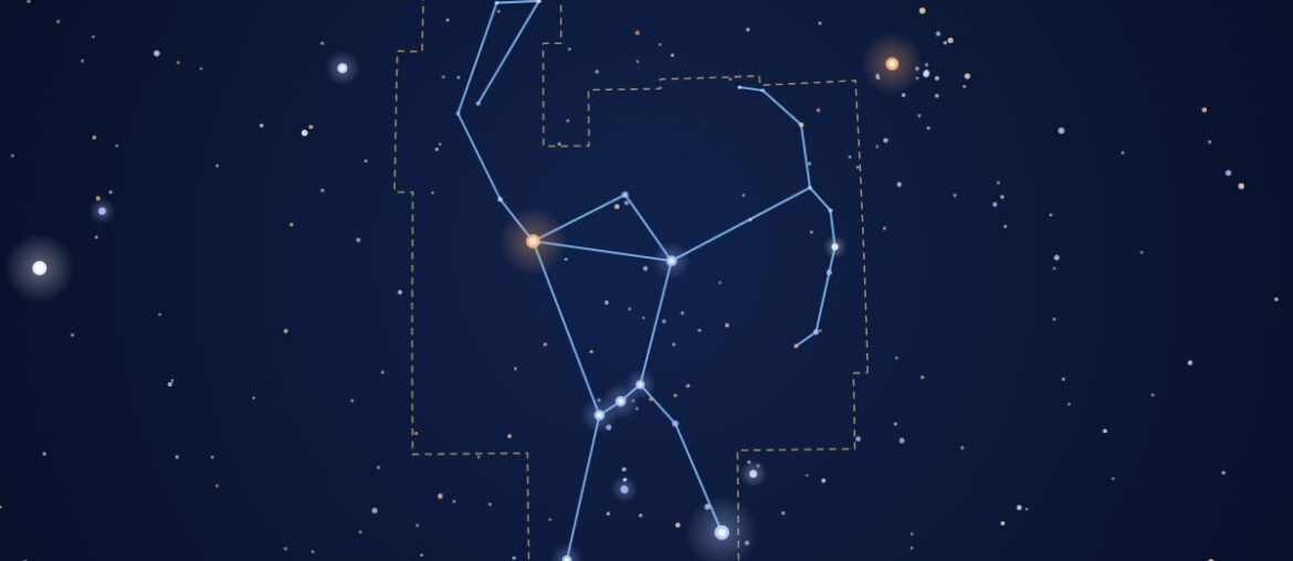 Star chart of the Orion constellation with its stick figure and IAU boundary drawn