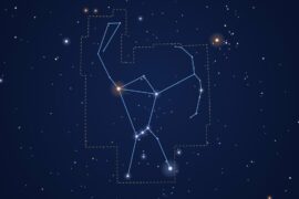 Star chart of the Orion constellation with its stick figure and IAU boundary drawn