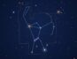 Star chart of the Orion constellation with its stick figure and IAU boundary drawn