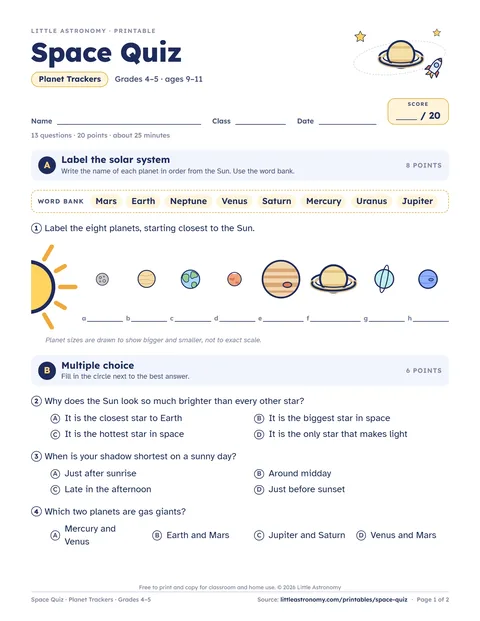 Page 1 of the Planet Trackers space quiz for Grades 4–5