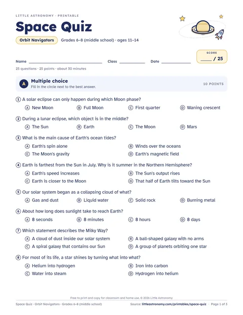 Page 1 of the Orbit Navigators space quiz for Grades 6–8 (middle school)