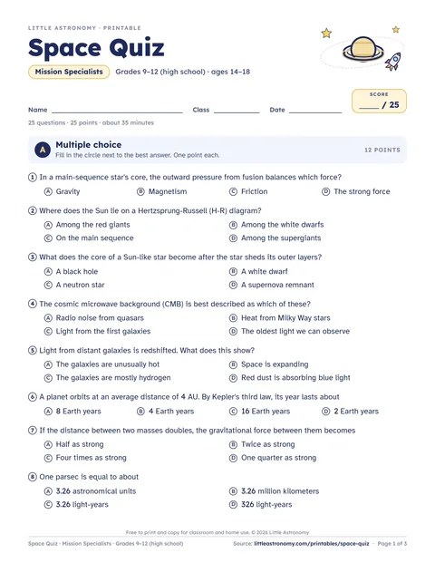 Page 1 of the Mission Specialists space quiz for Grades 9–12 (high school)