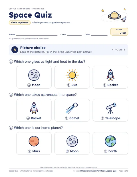 Page 1 of the Little Explorers space quiz for Kindergarten–1st grade